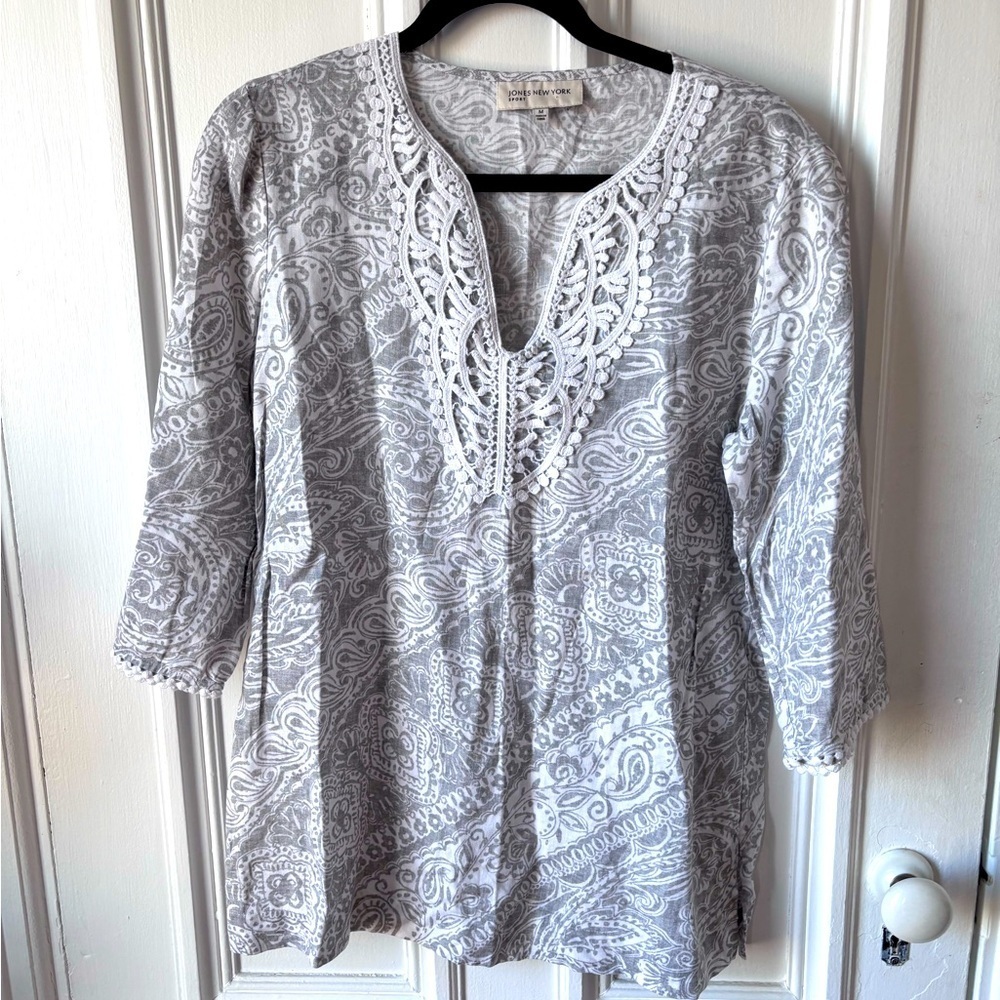 Jones New York Tunic Style Linen Blouse 3/4 Sleeve Paisley Size Medium Casual
